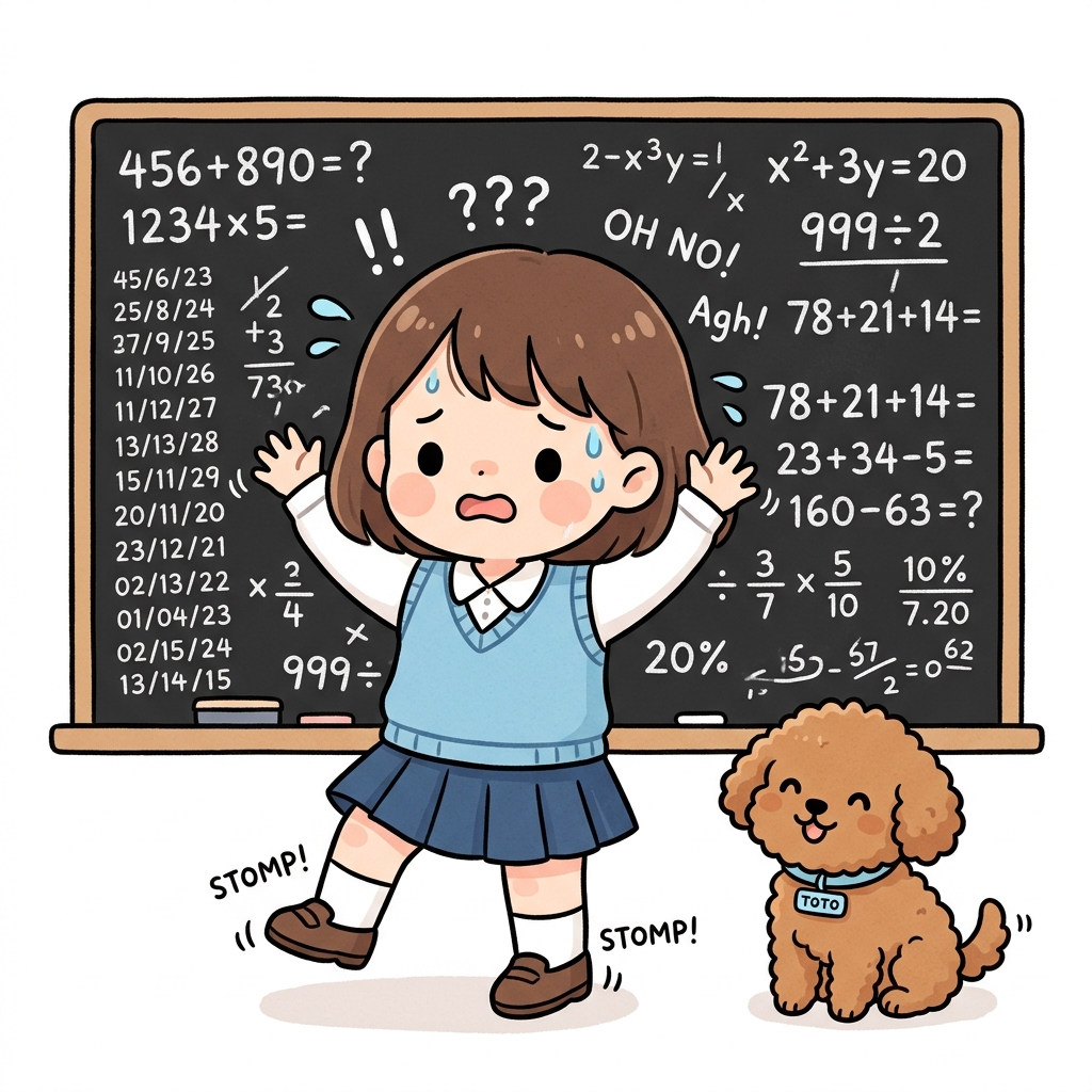 칠판의 숫자들에 겁먹은 도로시와 태평한 토토