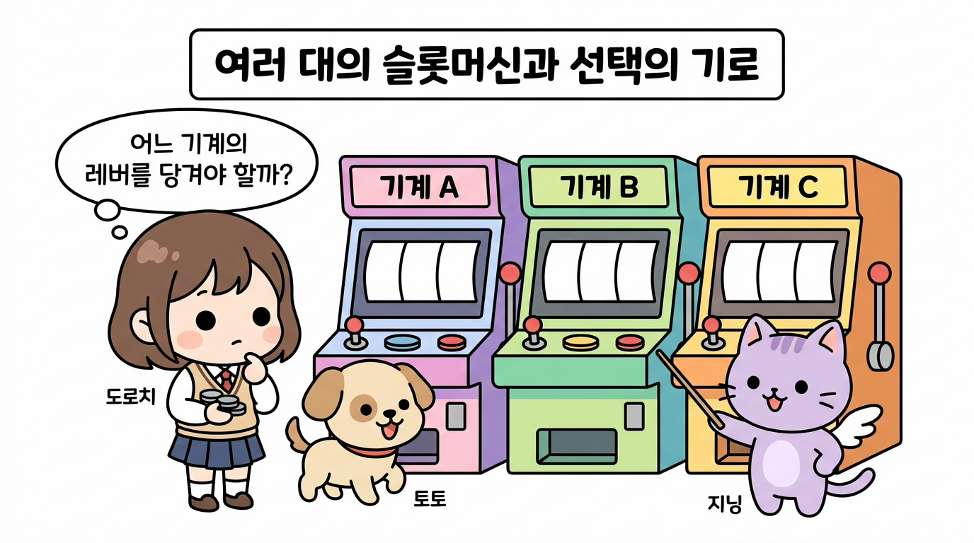여러 대의 슬롯머신과 선택의 기로