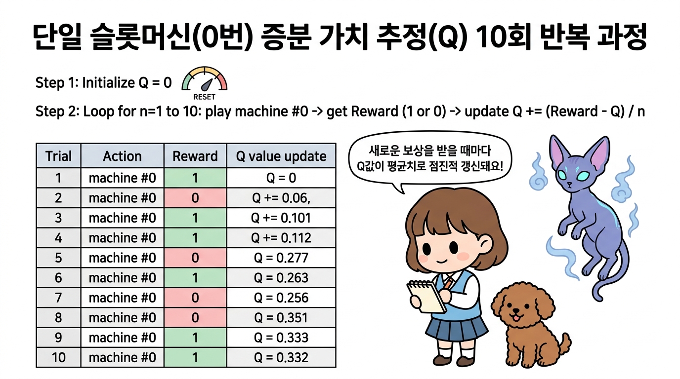 단일 슬롯머신(0번 머신) 증분 가치 추정(Q) 10회 반복 과정
