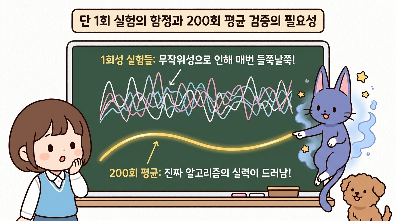 단 1회 실험의 함정과 200회 평균 검증의 필요성