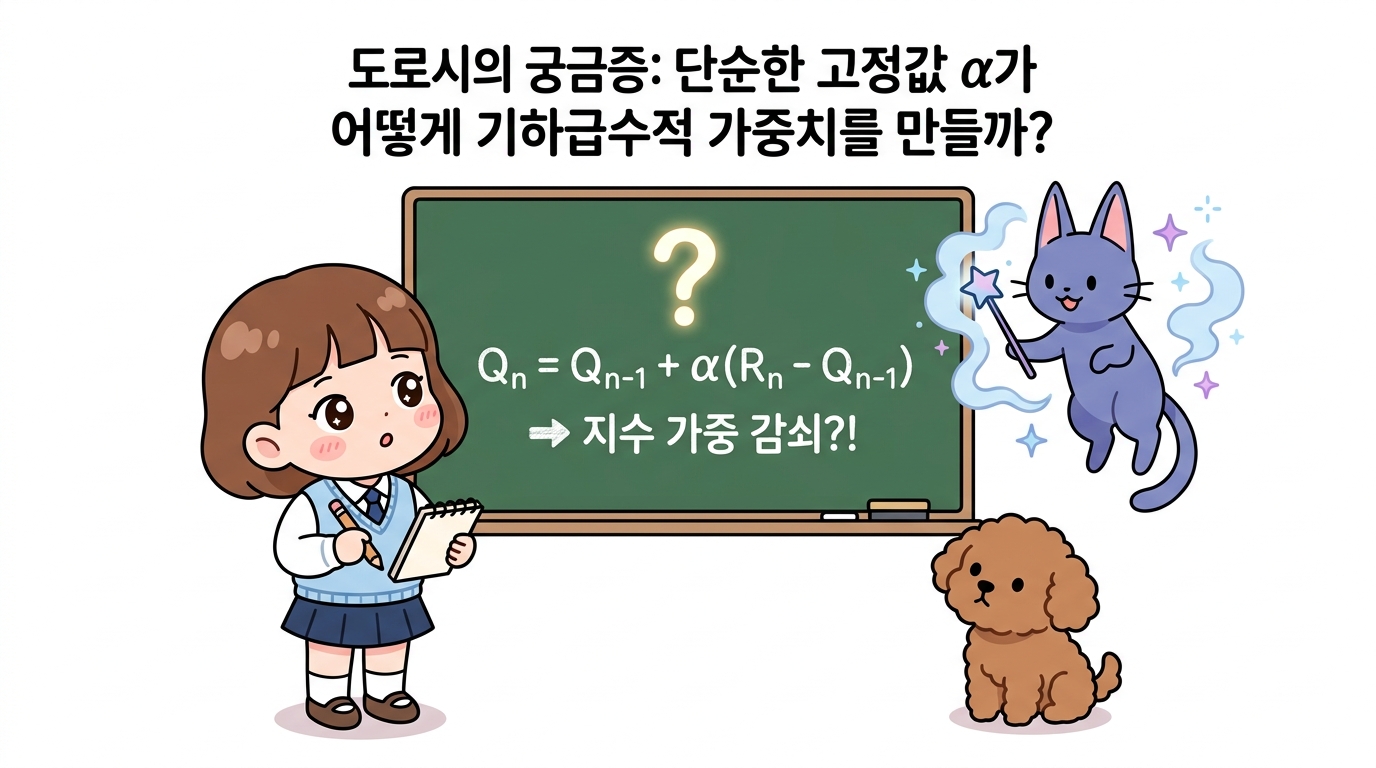 도로시의 궁금증: 단순한 고정값 α가 어떻게 기하급수적 가중치를 만들까?