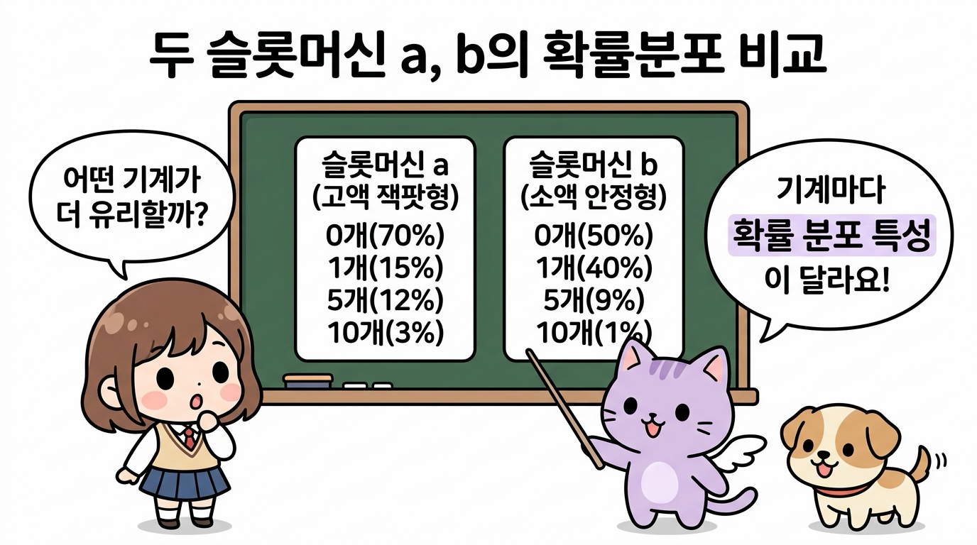 두 슬롯머신 a, b의 확률분포 비교