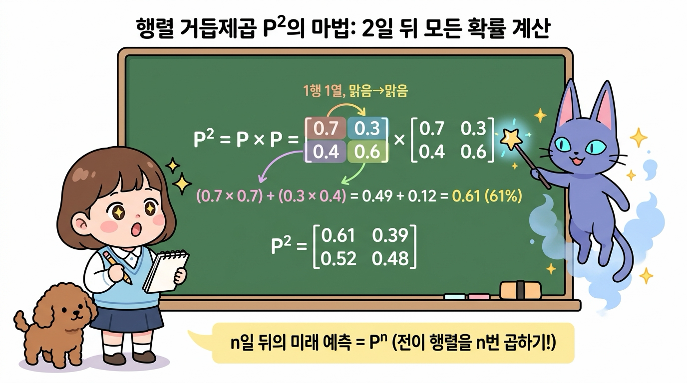 행렬 거듭제곱 P2과 n스텝 전이의 마법