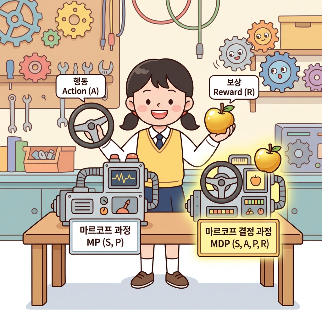 마르코프 과정(MP)에서 행동과 보상 모듈이 결합하여 MDP로 업그레이드되는 비유