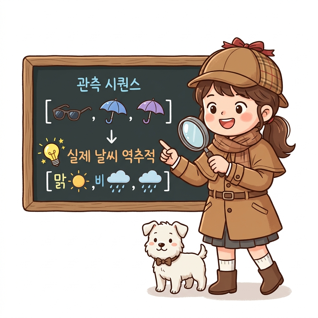 관측 시퀀스(선글라스, 우산, 우산)를 통해 실제 날씨 시퀀스(맑음, 비, 비)를 역추적하는 탐정 도로시