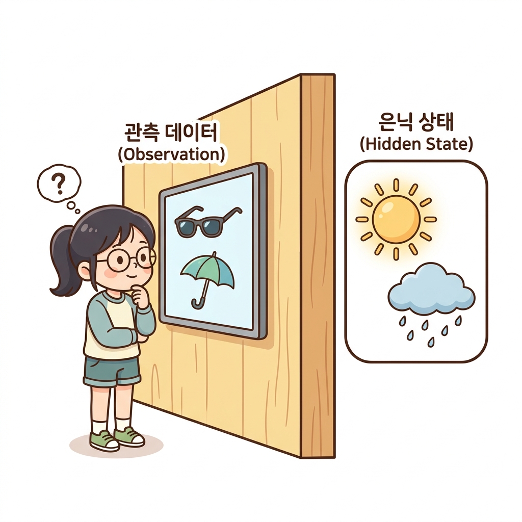 은닉 상태(바깥 날씨)와 관측 데이터(화면 속 선글라스, 우산)의 관계 비유