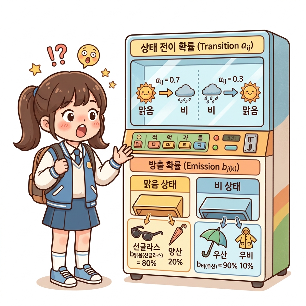 HMM의 수학적 구성 요소인 상태 전이 확률과 방출 확률을 직관적으로 보여주는 이중 확률 자판기