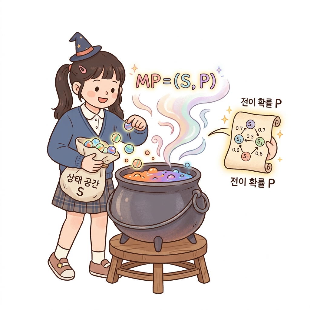 마르코프 과정의 정의: 상태 공간 S와 전이 행렬 P의 결합체 비유