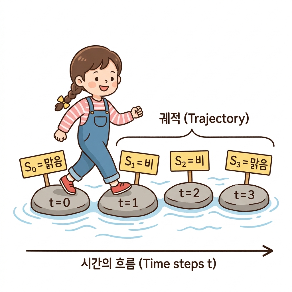 날씨 마르코프 과정의 궤적과 이산 시간 스텝 t 개념 비유