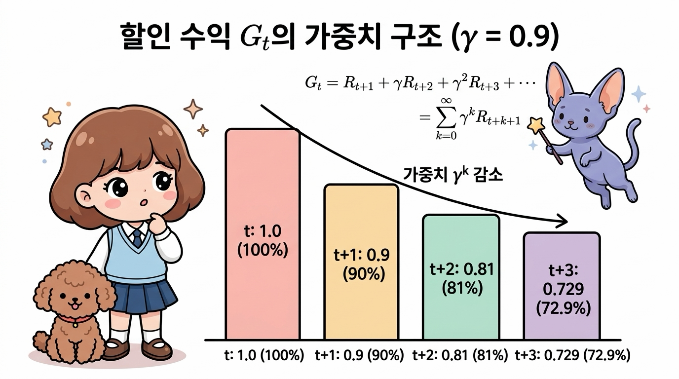 할인 누적 수익 Gt의 가중치 구조