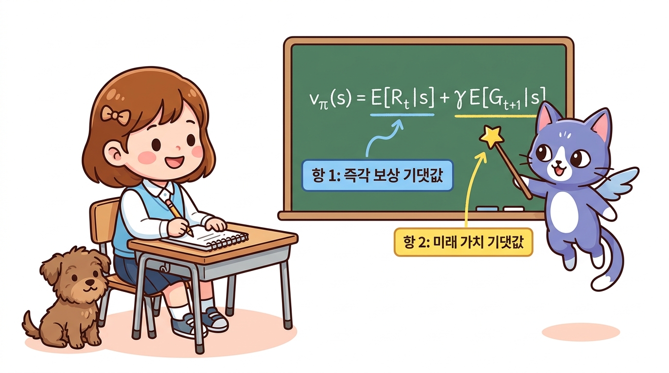 가치 함수를 즉각 보상과 미래 가치 두 항으로 분리