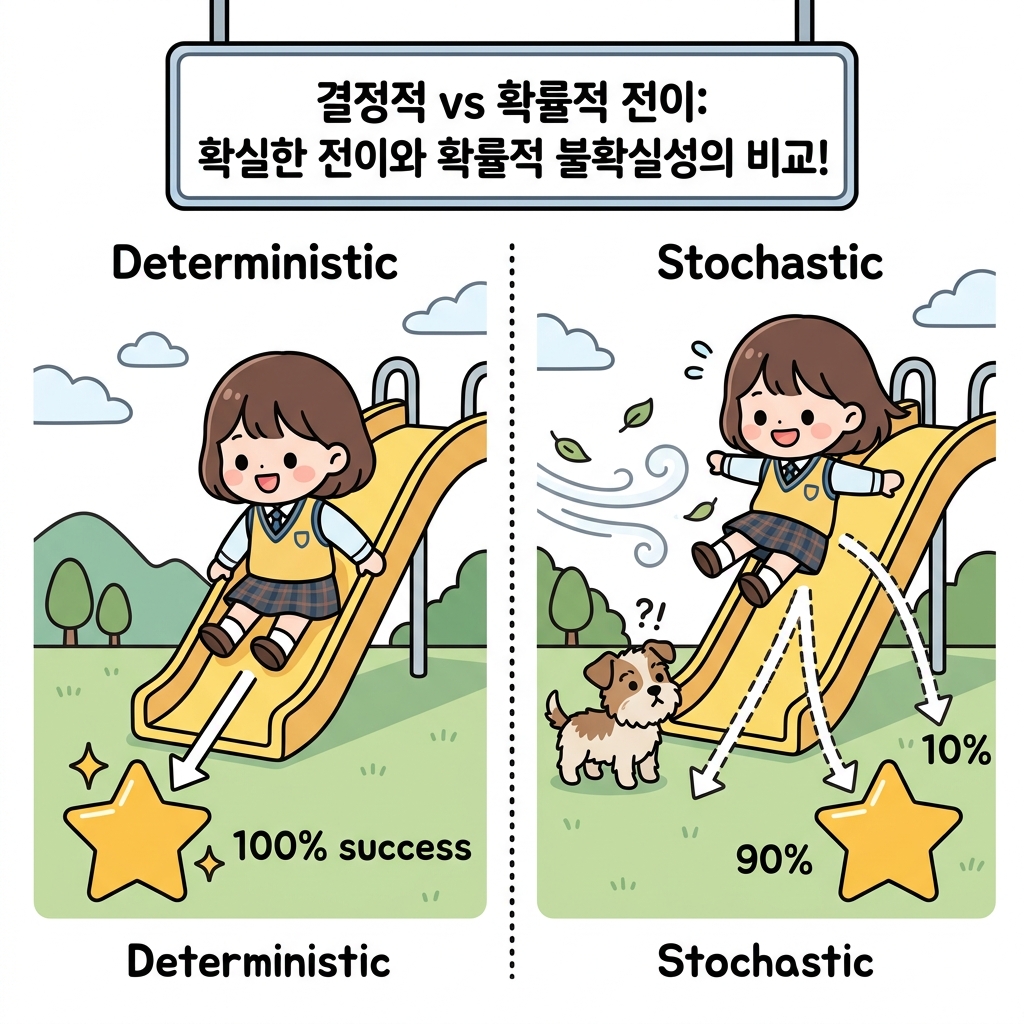 결정적 전이와 확률적 전이의 비교