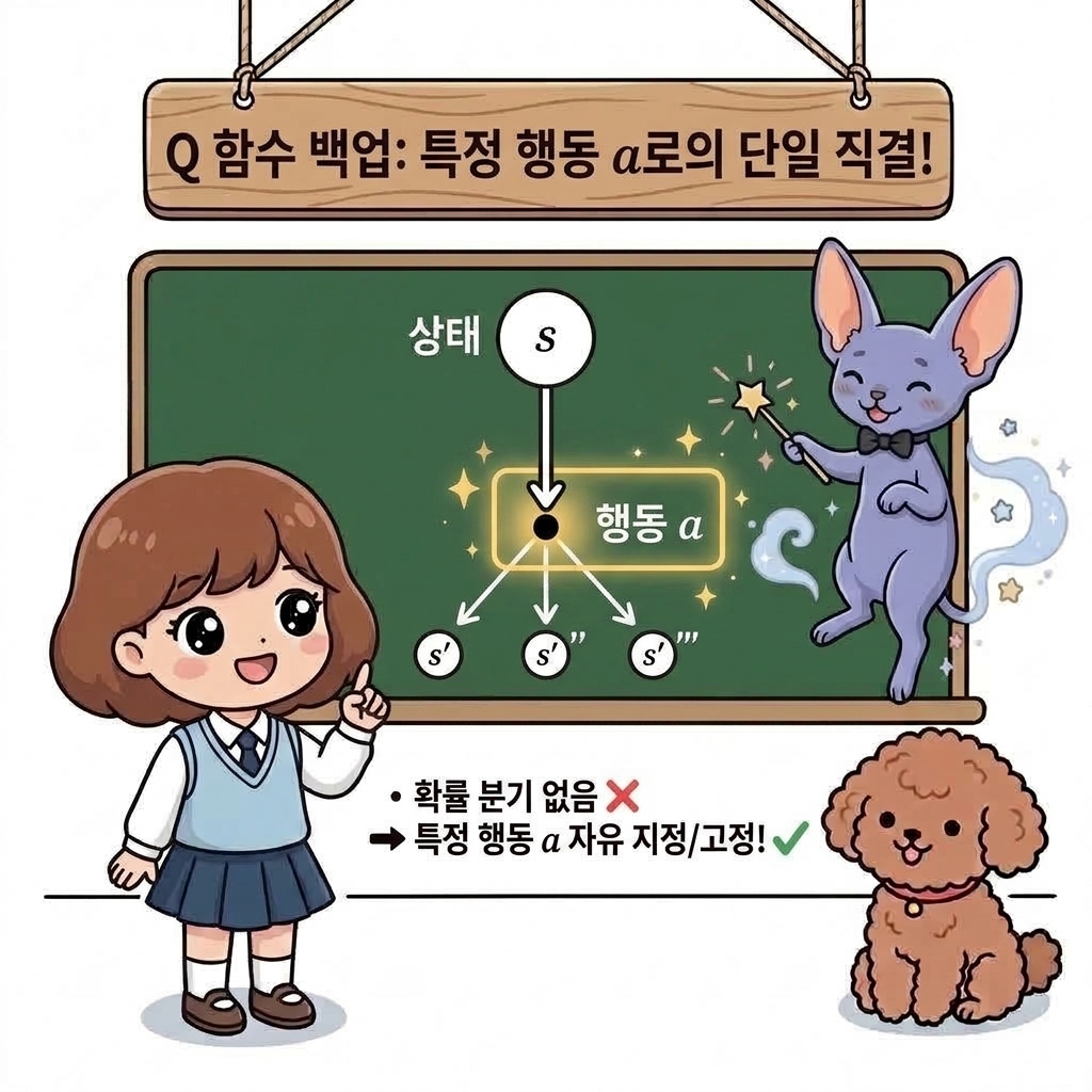 Q 함수 백업: 특정 행동 a로의 단일 직결!