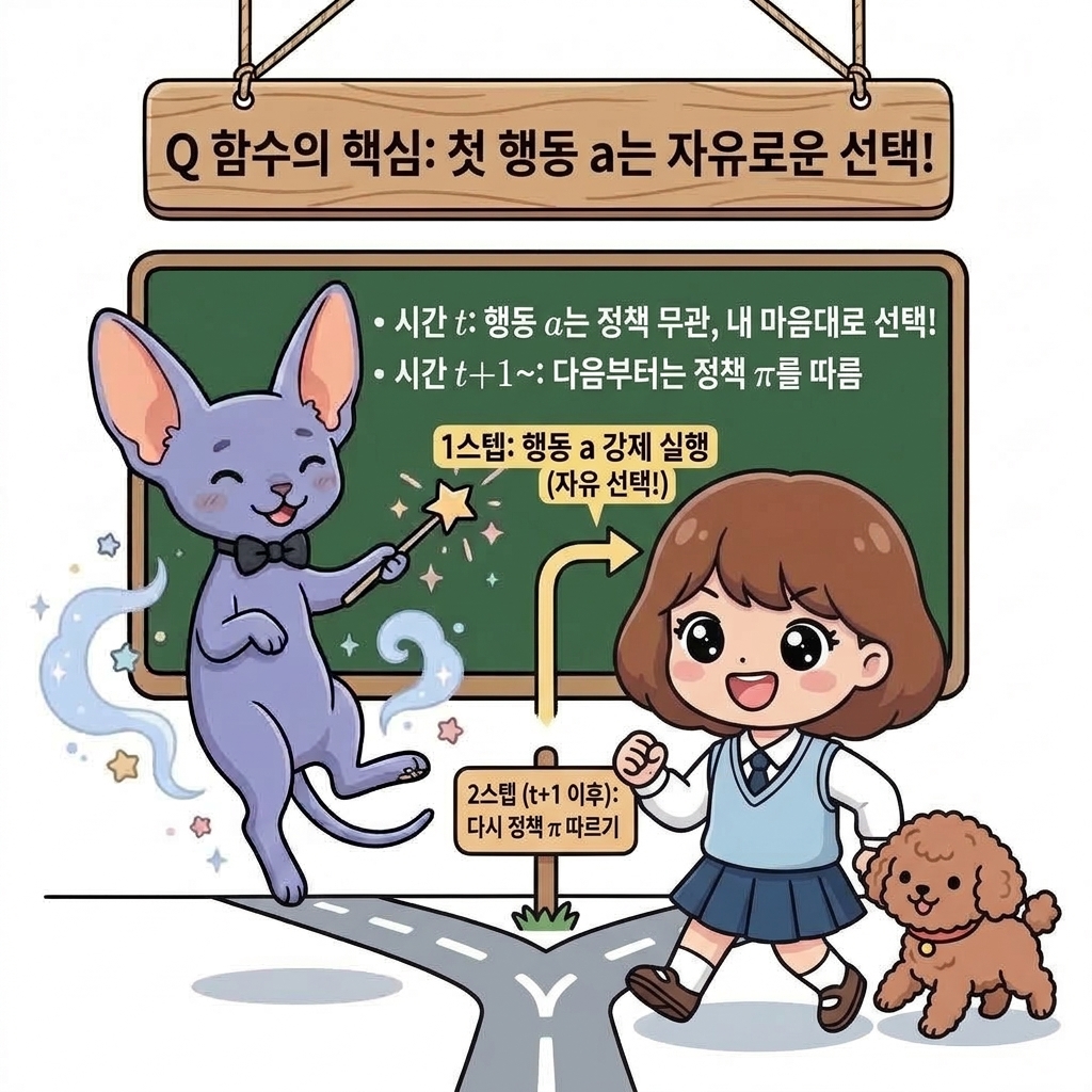 Q 함수의 핵심: 첫 행동 a는 자유로운 선택!