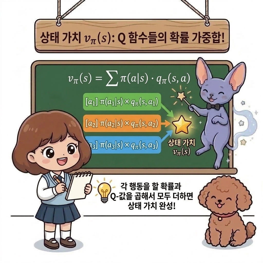 상태 가치 v_π(s): Q 함수들의 확률 가중합