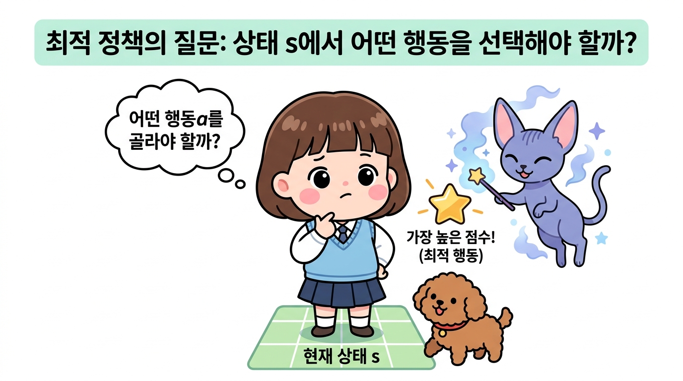 최적 정책의 핵심 질문: 상태 s에서 어떤 행동을 선택해야 할까?