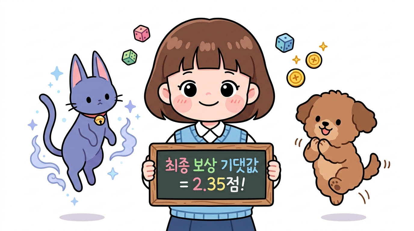 주사위와 동전 12가지 경로의 총 기댓값 2.35점