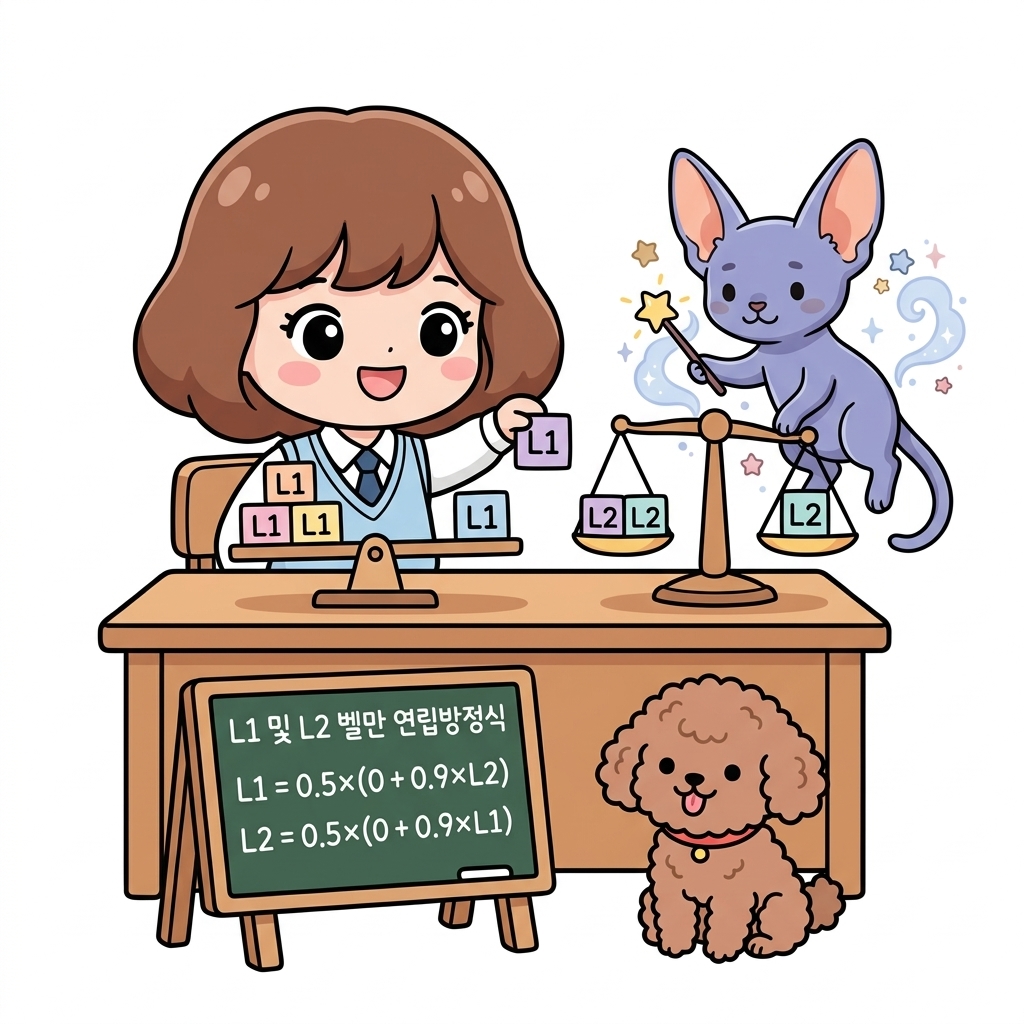 그림 06-3 X와 Y 블록이 얹혀 있는 마법 저울들의 수평을 지팡이로 정교하게 맞추어 연립방정식을 연산하는 도로시와 지니
