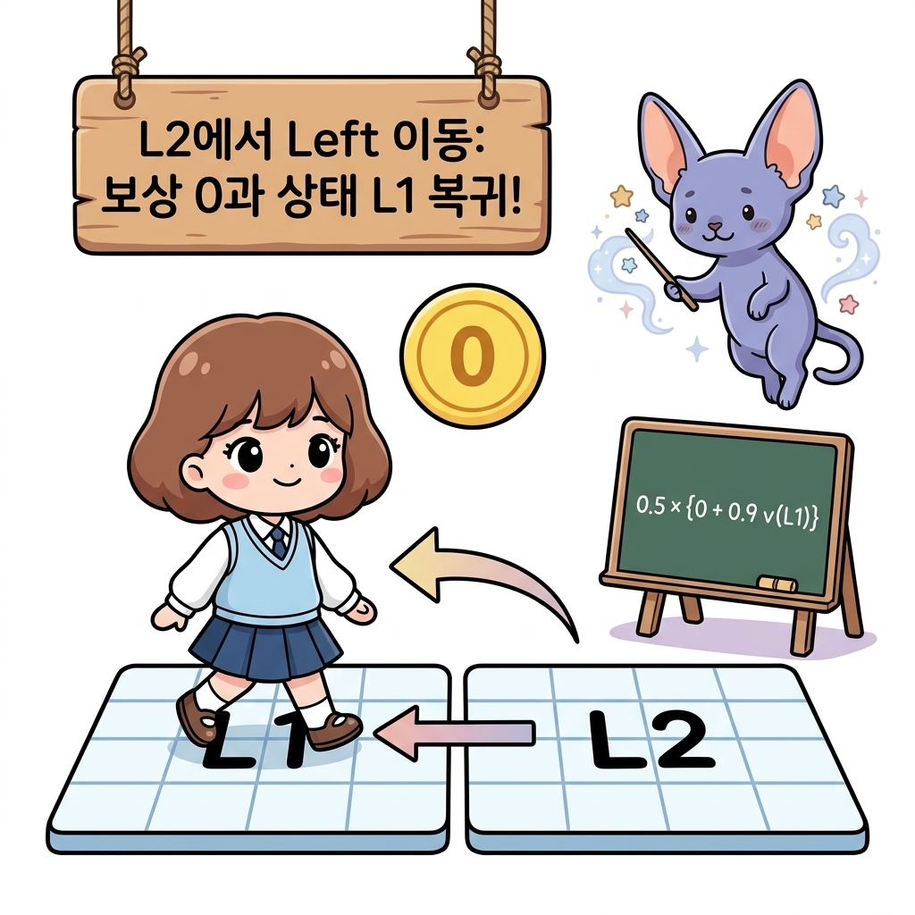 L2에서 Left 이동: 보상 0과 상태 L1 복귀