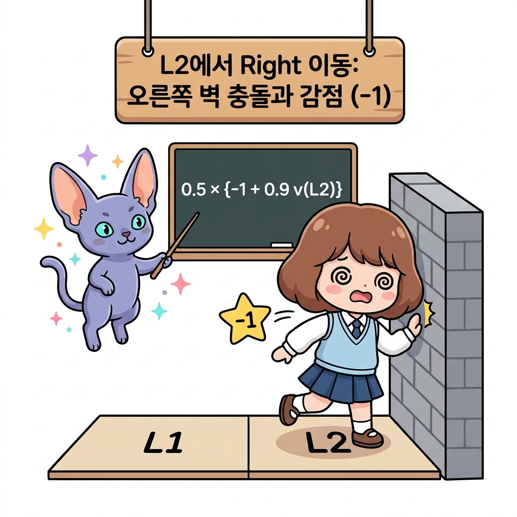L2에서 Right 이동: 오른쪽 벽 충돌과 감점 (-1)