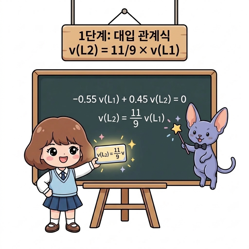 1단계: 대입 관계식 v(L2) = 11/9 × v(L1)