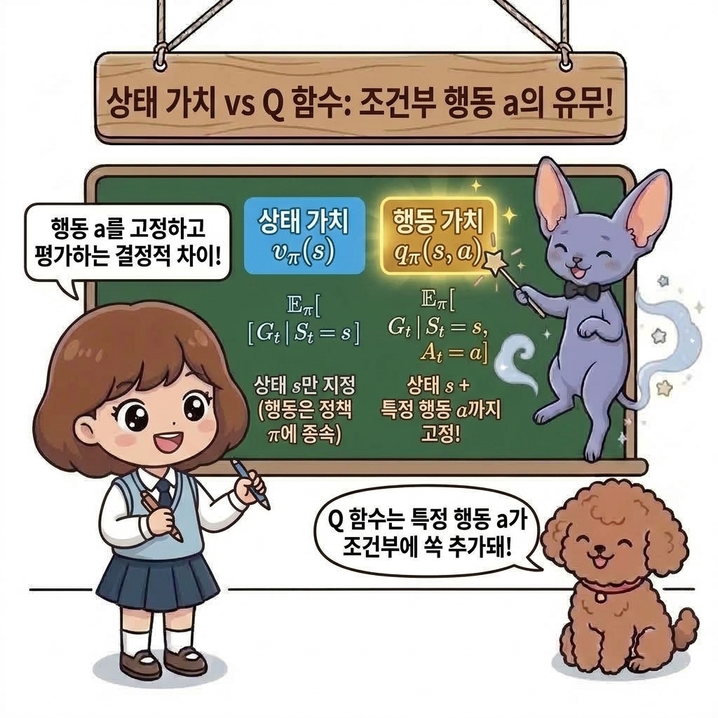 상태 가치 vs Q 함수: 조건부 행동 a의 유무
