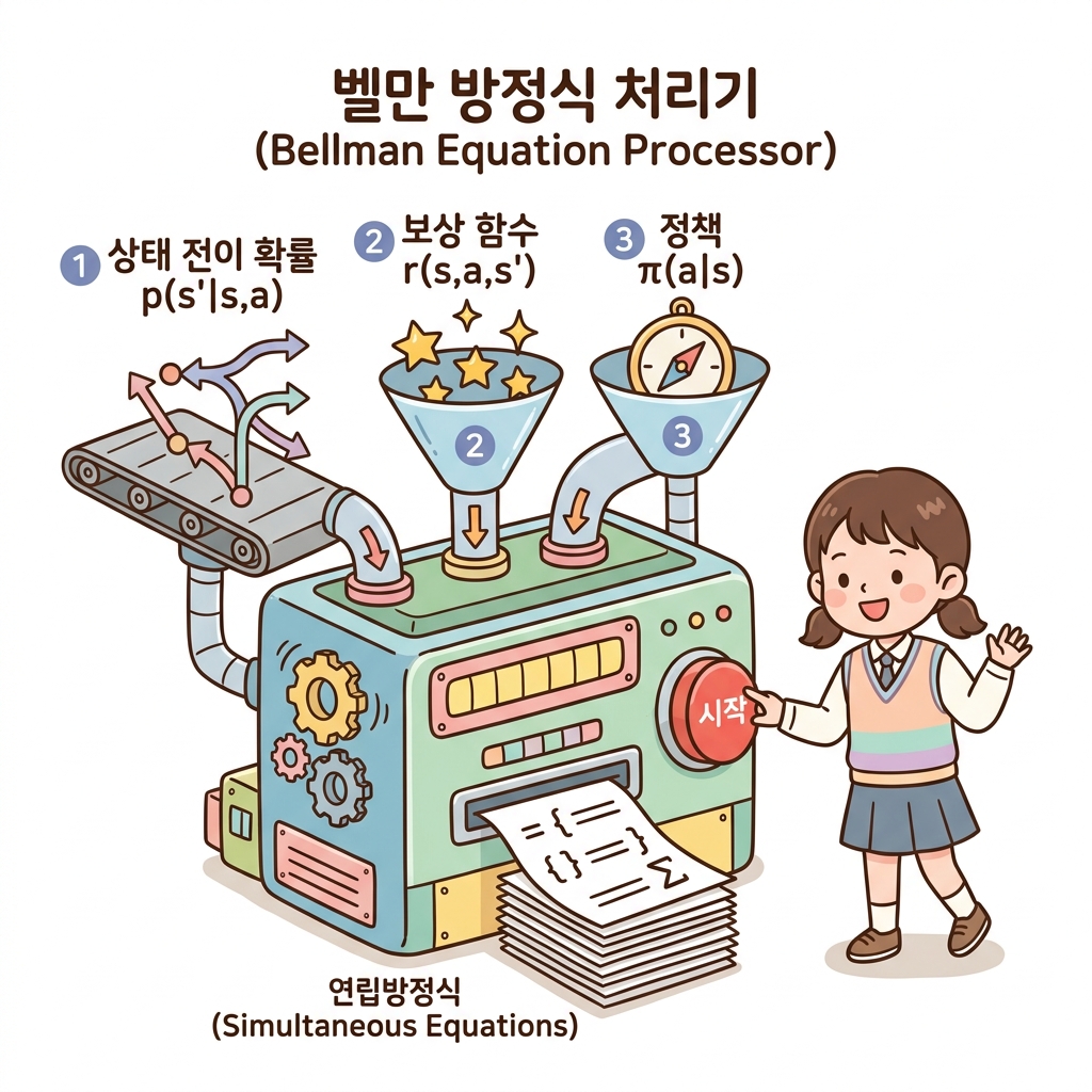 벨만 방정식 연립방정식 도출 3대 요소: 상태 전이 확률, 보상 함수, 정책을 벨만 방정식 처리기에 주입하여 연립방정식 뭉치를 출력하는 과정
