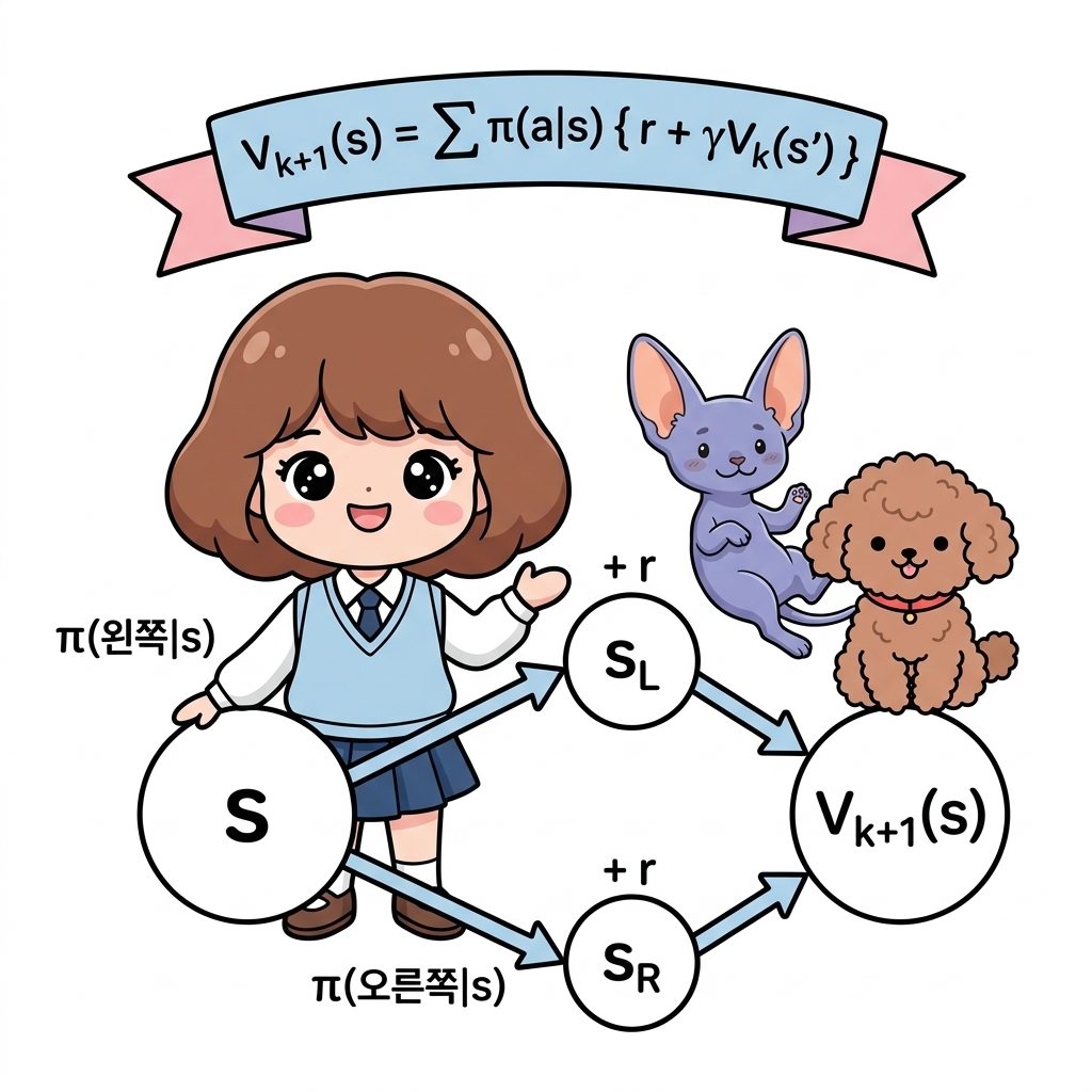 결정적 전이 환경 하의 가치 함수 갱신 메커니즘: 현재 상태 s에서 정책에 따라 왼쪽 혹은 오른쪽 행동을 선택(π(a|s))하고, 각각의 행동에 대해 단 하나의 고정된 다음 상태(s'_L, s'_R)로만 이동하므로, 전체 수식은 다음 상태들의 합산 없이 행동 가중치 평균(Σ_a)만 취하면 되는 단순한 구조를 가집니다.