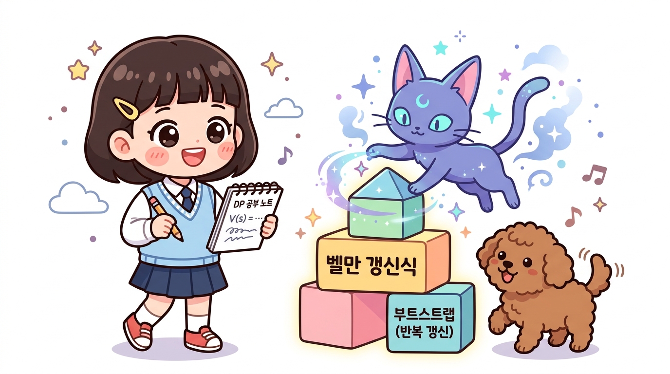 동적 프로그래밍 기초 인트로: 벨만 갱신식과 부트스트랩 블록을 쌓으며 DP 공부 노트를 펼쳐 든 도로시와 지니, 토토