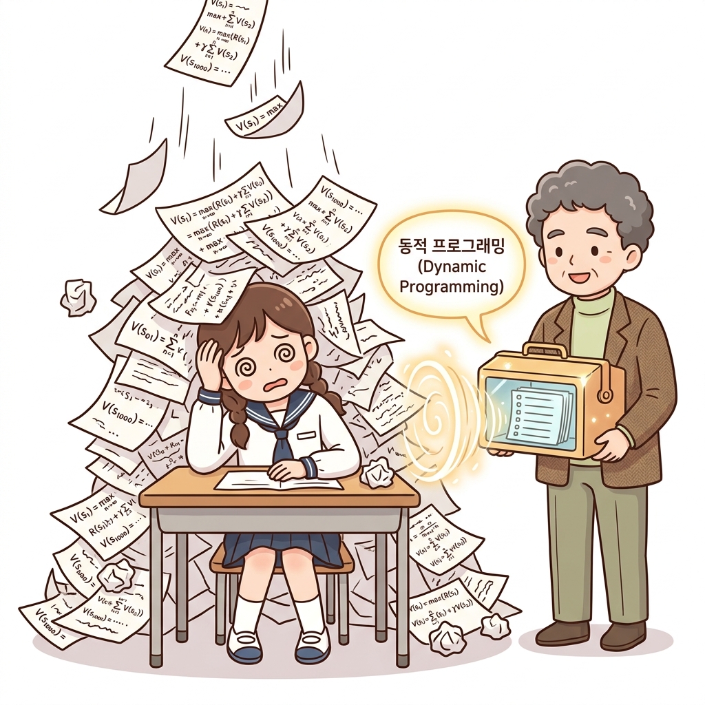 연립방정식 폭발과 동적 프로그래밍의 등장: 수천 개의 미지수가 적힌 연립방정식 서류 폭탄을 맞아 어지러워하는 도로시와 '동적 프로그래밍' 도구를 들고 수식을 질서정연하게 정리해 주는 벨만
