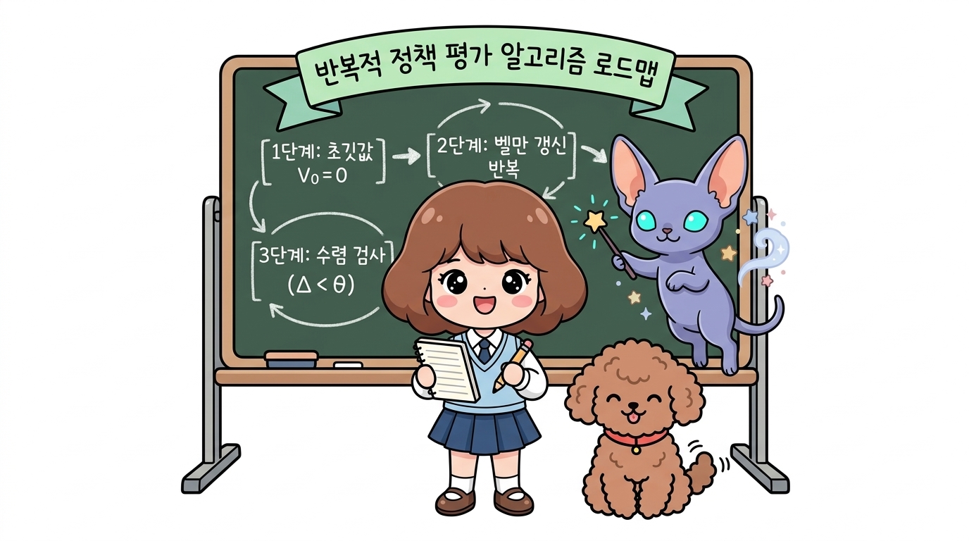 반복적 정책 평가 알고리즘 로드맵: 1단계 초깃값 설정(V_0=0)부터 2단계 벨만 갱신 반복, 3단계 수렴 검사(Δ < θ)까지의 핵심 흐름을 칠판 로드맵으로 공부하는 도로시와 지니, 토토