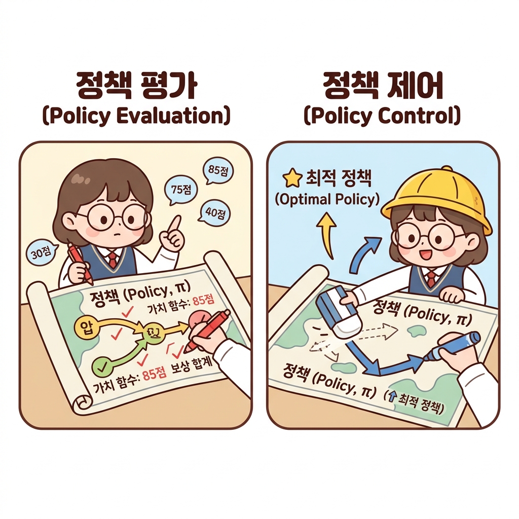 정책 평가(Policy Evaluation)와 정책 제어(Policy Control)의 개념 비교: 지도의 가치를 채점(평가)하는 도로시와 지도를 지우개와 펜으로 수정하여 최적 지도로 개조(제어)하는 도로시