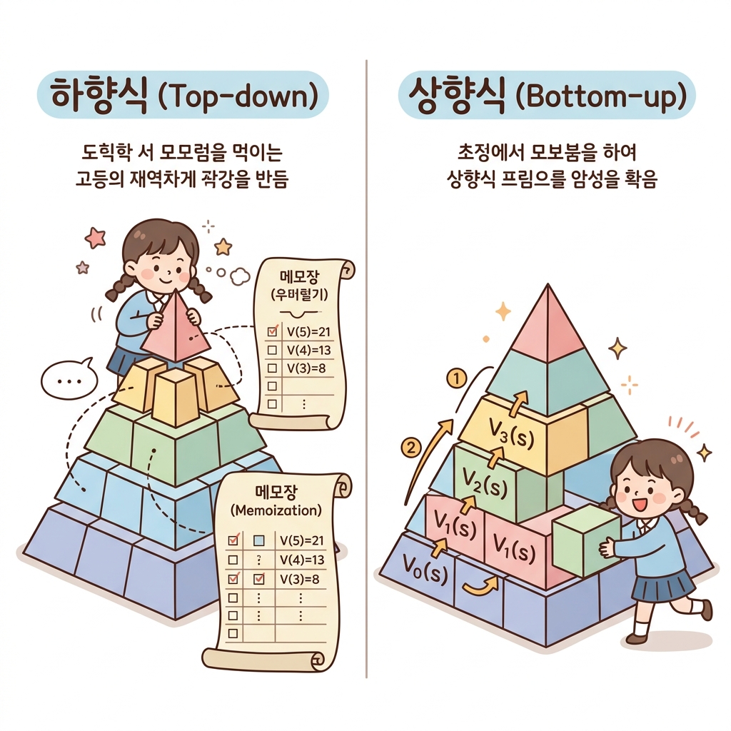 동적 계획법(DP)의 하향식(Top-down) vs 상향식(Bottom-up) 구현 방식 비교: 큰 문제를 하위 문제로 분해하여 결과를 메모장(Memoization)에 기록하고 호출해 쓰는 하향식 구조와, V_0(s)라는 밑바닥 기본 하위 문제부터 차곡차곡 벽돌을 쌓아 최종 목적지까지 올라가는 상향식 구조의 비교