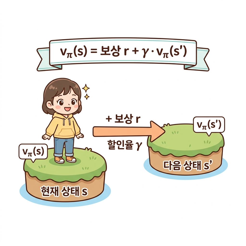 현재 상태 s의 가치와 다음 상태 s'의 가치 간의 재귀적 관계: 현재 섬에 있는 가치 v_π(s)를 구하기 위해 즉각적인 보상 r과 할인된 다음 섬의 가치(γ · v_π(s'))를 합산하여 계산하는 도로시