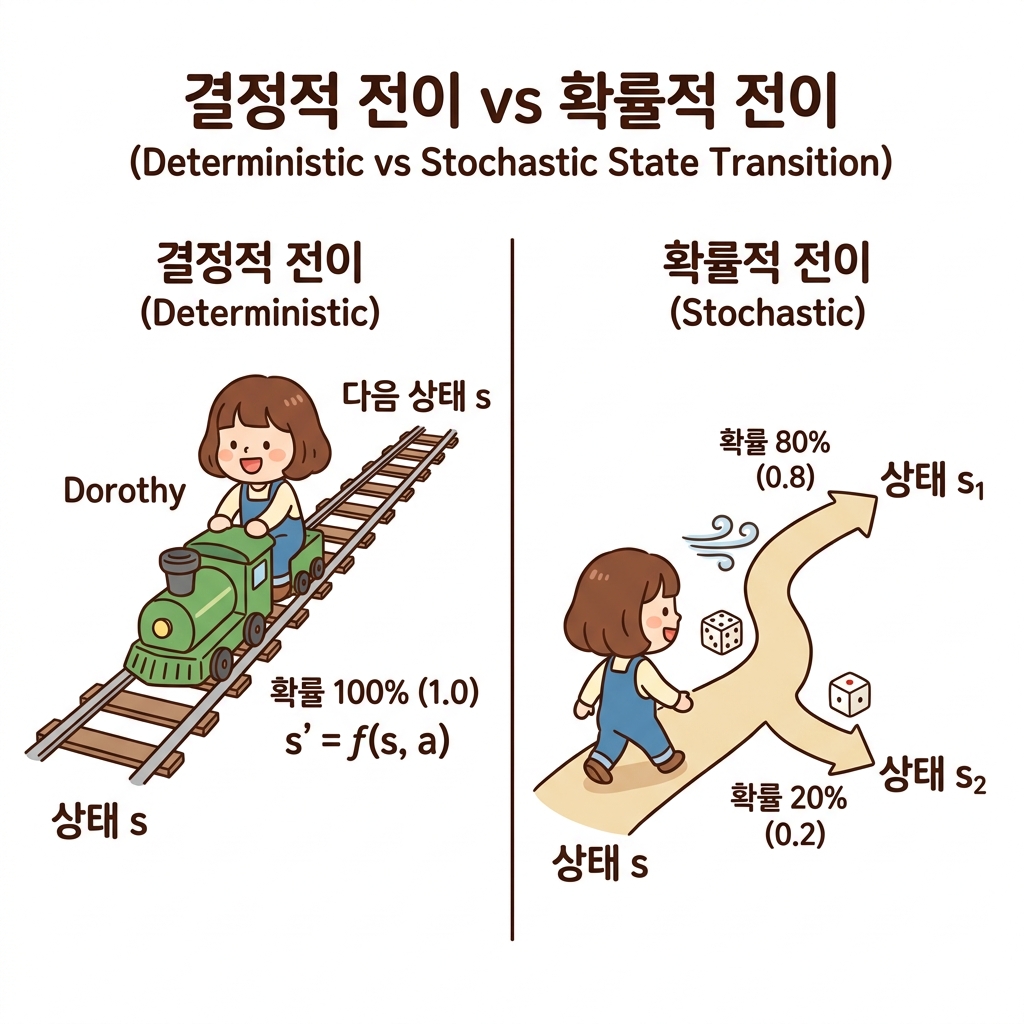 결정적 상태 전이 vs 확률적 상태 전이 비교: 선로를 따라 100% 확률로 확정된 한 곳에만 도착하는 결정적 전이(기차 철로 비유)와, 바람이나 주사위로 인해 여러 경로로 흩어질 수 있는 확률적 전이(갈림길 비유)의 차이