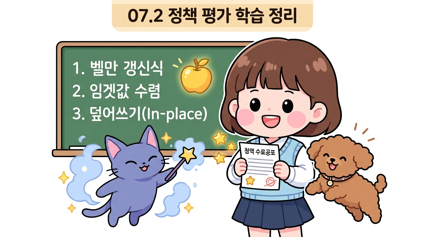 07.2장 학습 정리: 동적 프로그래밍과 정책 평가 정복: 1. 벨만 갱신식, 2. 임곗값 수렴, 3. 덮어쓰기(In-place) 핵심 개념을 정리하고 수료증을 든 도로시와 지니, 토토