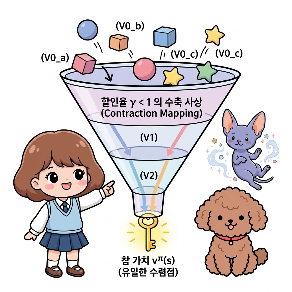 가치 함수 수렴 원리(수축 사상, Contraction Mapping): 어떤 임의의 초깃값 V_0으로 시작하더라도 할인율 γ < 1에 의해 갱신을 거듭할수록 오차가 줄어들어 유일한 참 가치 함수 v_π(s)로 깔때기처럼 수렴하는 원리를 설명하는 도로시와 지니, 토토