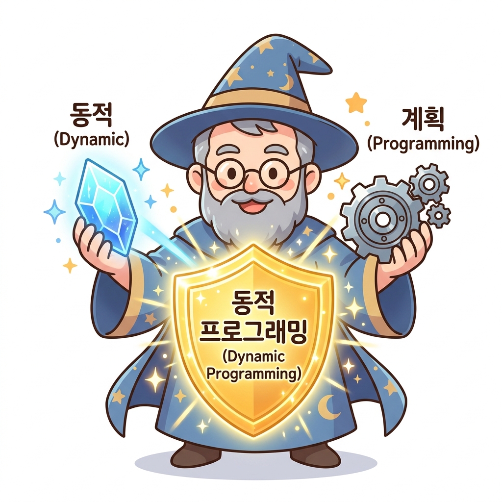 동적(Dynamic)이라는 찬란한 에너지 결정과 계획(Programming)이라는 견고한 기어 휠을 결합하여 무적의 '동적 프로그래밍' 방패를 제조해 내는 마법사 벨만