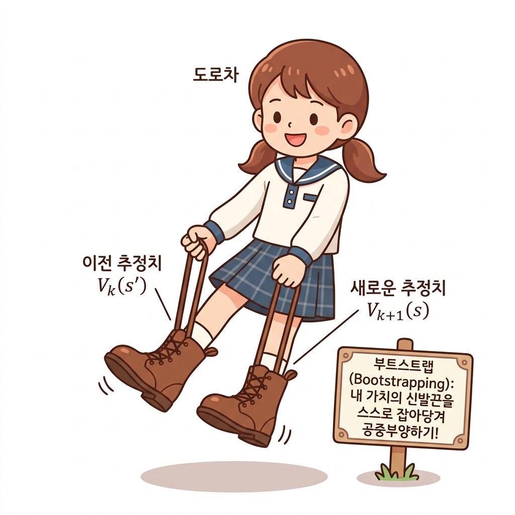 부트스트랩(Bootstrapping)의 어원과 강화학습 의미: 외부의 도움(참값) 없이 스스로 신발 뒤축 고리끈(strap)을 잡아당겨 자신을 들어 올리는 도로시를 통해, 이전 추정치 V_k(s')를 지딤돌 삼아 새로운 추정치 V_k+1(s)로 한 단계 스스로를 들어 올리며 개선해 나가는 원리의 비유