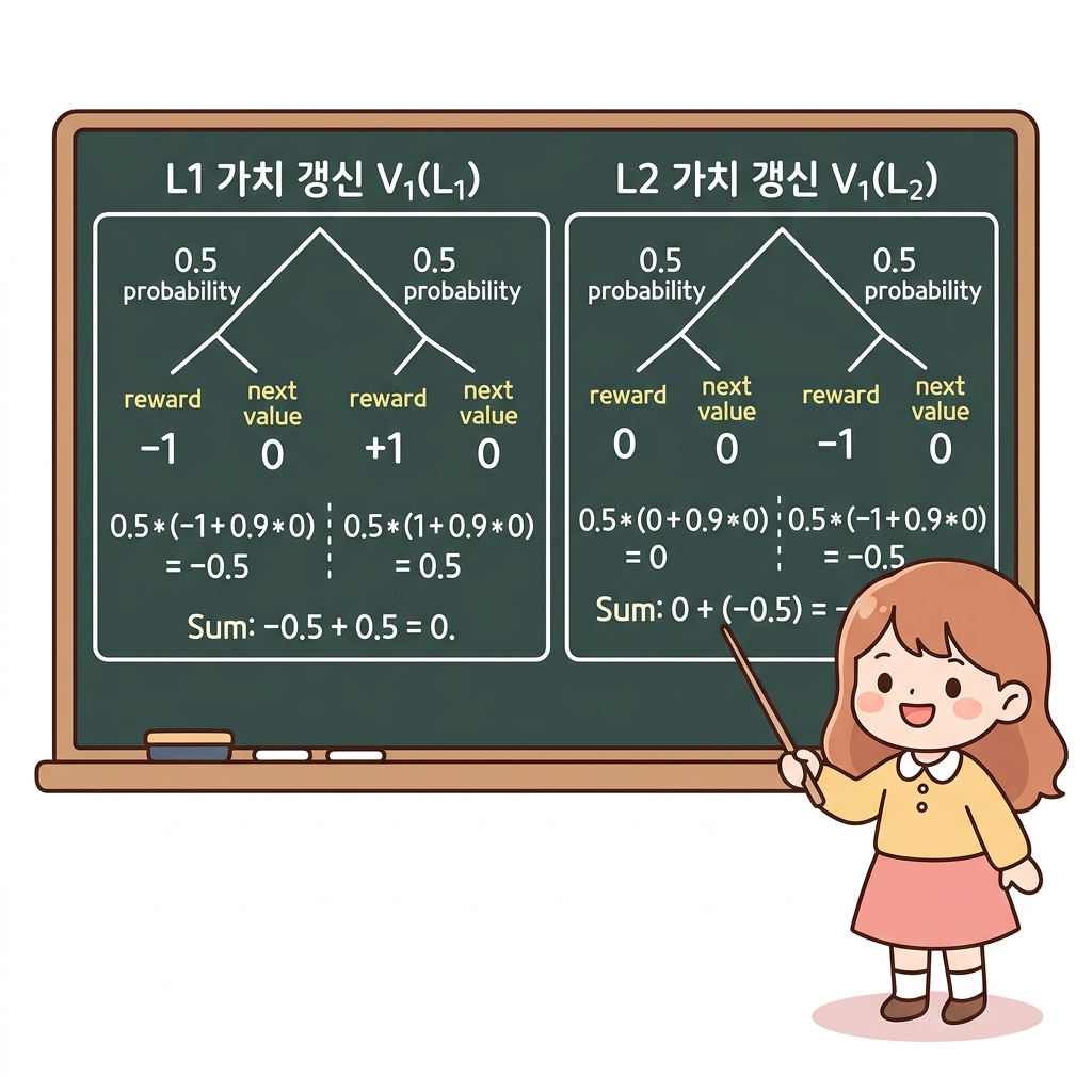 가치 함수 수렴 원리(수축 사그림과 같이 각 상태에서 출발하여 취할 수 있는 행동은 왼쪽(확률 0.5)과 오른쪽(확률 0.5) 두 가지입니다.
우선 상태 L1에서의 1차 가치 갱신 V1(L1)을 구해보겠습니다.
- 왼쪽으로 가는 경우 (확률 0.5):
- 벽에 가로막혀 제자리 L1로 복귀하며, 벌점인 보상 -1을 받습니다.
- 이때 도착한 다음 상태는 여전히 L1이므로, 우변에 대입할 이전 가치는 V0(L1) = 0이 됩니다.
- 수식:
0.5 * (-1 + 0.9 * V_0(L1)) = 0.5 * (-1 + 0.9 * 0) = -0.5
- 오른쪽으로 가는 경우 (확률 0.5):
- 다음 칸인 L2 상태로 한 칸 전진하며, 보너스인 보상 +1을 받습니다.
- 도착한 다음 상태가 L2이므로, 대입할 이전 가치는 V0(L2) = 0이 됩니다.
- 수식:
0.5 * (1 + 0.9 * V_0(L2)) = 0.5 * (1 + 0.9 * 0) = 0.5
이 두 갈래 길에서 나온 가치들의 합이 바로 새롭게 갱신된 V1(L1)입니다.
\begin{aligned}
V_1(L1) &= 0.5 { -1 + 0.9 V_0(L1) } + 0.5 { 1 + 0.9 V_0(L2) }
&= 0.5 \cdot (-1 + 0.9 \cdot 0) + 0.5 \cdot (1 + 0.9 \cdot 0)
&= -0.5 + 0.5
&= 0
\end{aligned}
동일한 방법으로 상태 L2에서의 1차 가치 갱신 V1(L2)도 구해봅시다.
- 왼쪽으로 가는 경우 (확률 0.5):
- 이전 칸인 L1 상태로 이동하며, 이때 받는 보상은 0입니다.
- 도착한 다음 상태가 L1이므로, 대입할 이전 가치는 V0(L1) = 0이 됩니다.
- 수식:
0.5 * (0 + 0.9 * V_0(L1)) = 0.5 * (0 + 0.9 * 0) = 0
- 오른쪽으로 가는 경우 (확률 0.5):
- 벽에 부딪혀 제자리 L2에 머무르며, 벌점인 보상 -1을 받습니다.
- 도착한 다음 상태가 L2이므로, 대입할 이전 가치는 V0(L2) = 0이 됩니다.
- 수식:
0.5 * (-1 + 0.9 * V_0(L2)) = 0.5 * (-1 + 0.9 * 0) = -0.5
두 행동의 결과를 합산하면 다음과 같습니다.
\begin{aligned}
V_1(L2) &= 0.5 { 0 + 0.9 V_0(L1) } + 0.5 { -1 + 0.9 V_0(L2) }
&= 0.5 \cdot (0 + 0.9 \cdot 0) + 0.5 \cdot (-1 + 0.9 \cdot 0)
&= 0 + (-0.5)
&= -0.5
\end{aligned}
이 모든 연산 과정을 일목요연하게 칠판 판서 형태로 요약한 그림이 바로 아래의 그림 07-4.1입니다. 수식이 복잡해 보여도 결국 각 방향으로 이동하면서 얻는 보상과 정책 확률의 단순한 곱하기와 더하기에 지나지 않습니다.
![가치 함수 1차 갱신(V_1) 실전 칠판 판서 요약: L1 상태에서 왼쪽(-1)과 오른쪽(+1)으로 이동하며 구하는 가치 합(0.0)과, L2 상태에서 왼쪽(0)과 오른쪽(-1)으로 이동하며 구하는 가치 합(-0.5)의 상세 계산 흐름도