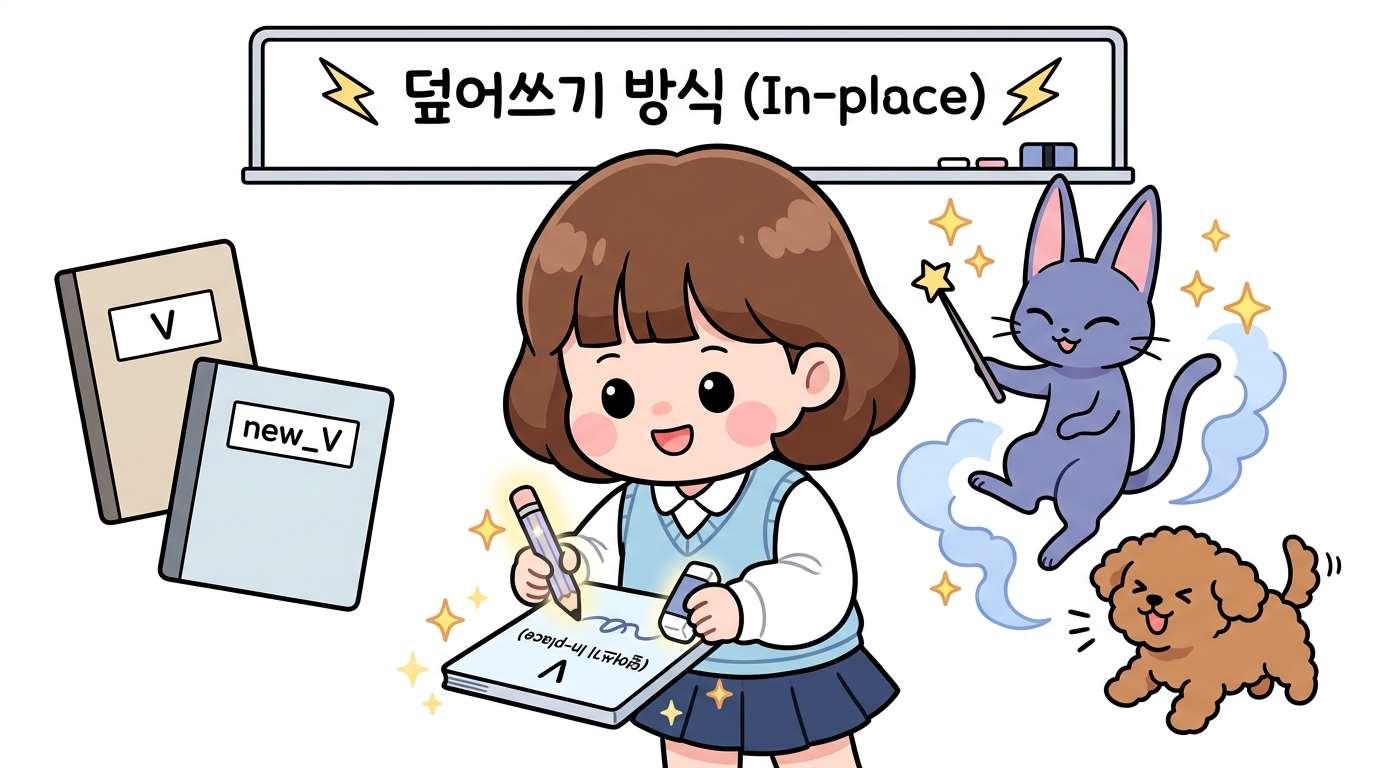 반복적 정책 평가 덮어쓰기 방식(In-place) 인트로: 두 개의 공책(V, new_V) 대신 단 하나의 공책(V)에 지우개와 연필로 값을 즉시 갱신하며 더 빠르고 효율적인 계산 비법을 배우는 도로시와 지니, 토토