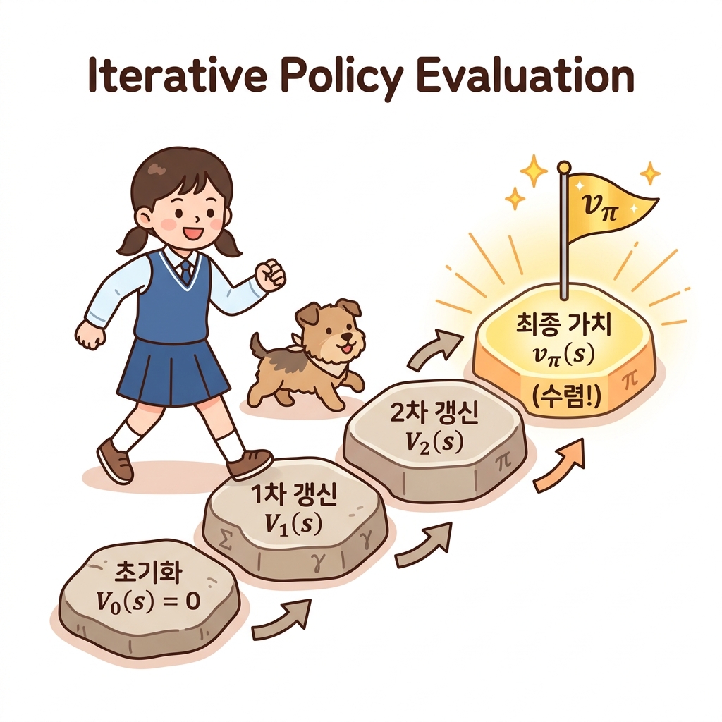 반복적 정책 평가(Iterative Policy Evaluation)의 징검다리 갱신 과정: 모든 상태를 0으로 채우는 초깃값 V_0(s) = 0 징검다리부터 시작하여, 1차 갱신 V_1(s), 2차 갱신 V_2(s)를 거치며 한 걸음씩 나아가 최종 가치 v_π(s) 깃발이 꽂힌 완벽한 징검다리로 수렴하는 도로시와 토토