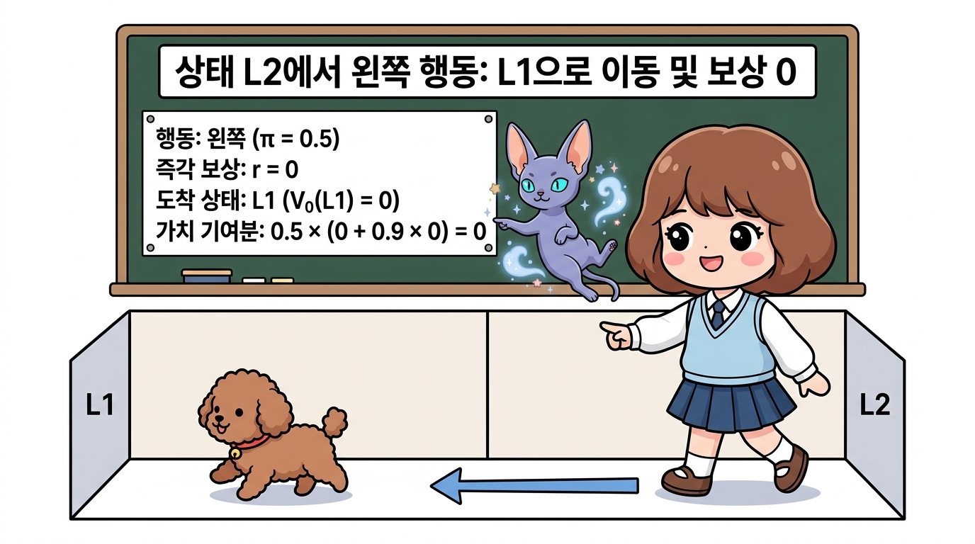 상태 L2에서 왼쪽 행동: L1으로 이동 및 보상 0: 상태 L2에서 왼쪽으로 이동하여 상태 L1에 도착하고 보상 0을 받으며 0.5 × (0 + 0) = 0을 계산하는 도로시와 지니, 토토