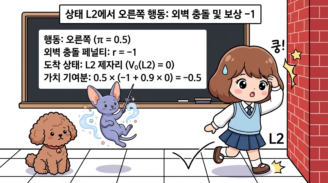 상태 L2에서 오른쪽 행동: 외벽 충돌 및 보상 -1: 상태 L2에서 오른쪽으로 이동하려다 외벽에 부딪혀 제자리 L2에 머무르며 벌점 보상 -1을 받고 0.5 × (-1 + 0) = -0.5를 계산하는 도로시와 지니, 토토