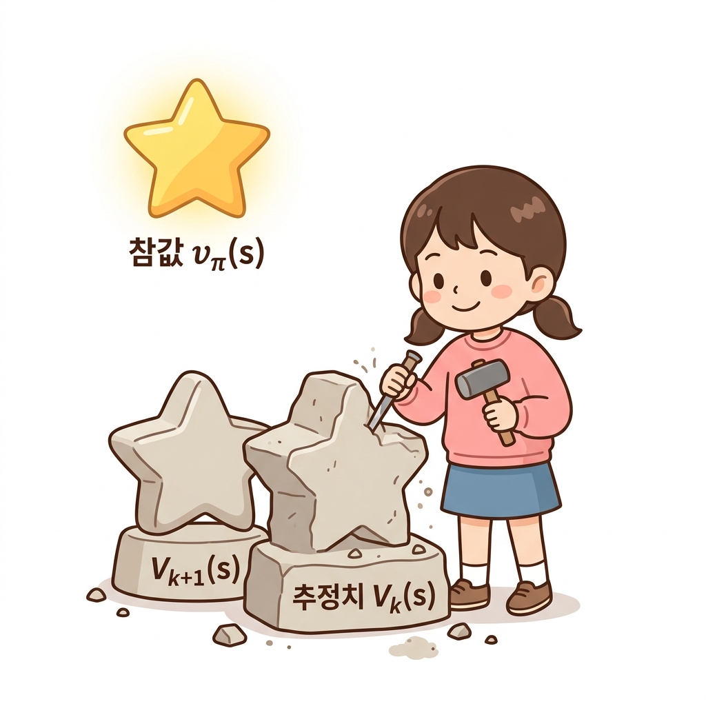참값 v_π(s)와 추정치 V_k(s)의 차이 및 점진적 개선 과정: 하늘 높이 떠 있는 도달해야 할 고정된 정답인 황금색 참값 별(소문자 v)을 바라보며, 현재의 미완성 진흙 조각품인 추정치 V_k(대문자 V)를 갱신 도구로 조금씩 다듬어 더 정밀한 V_k+1 조각품으로 빚어 나가는 도로시