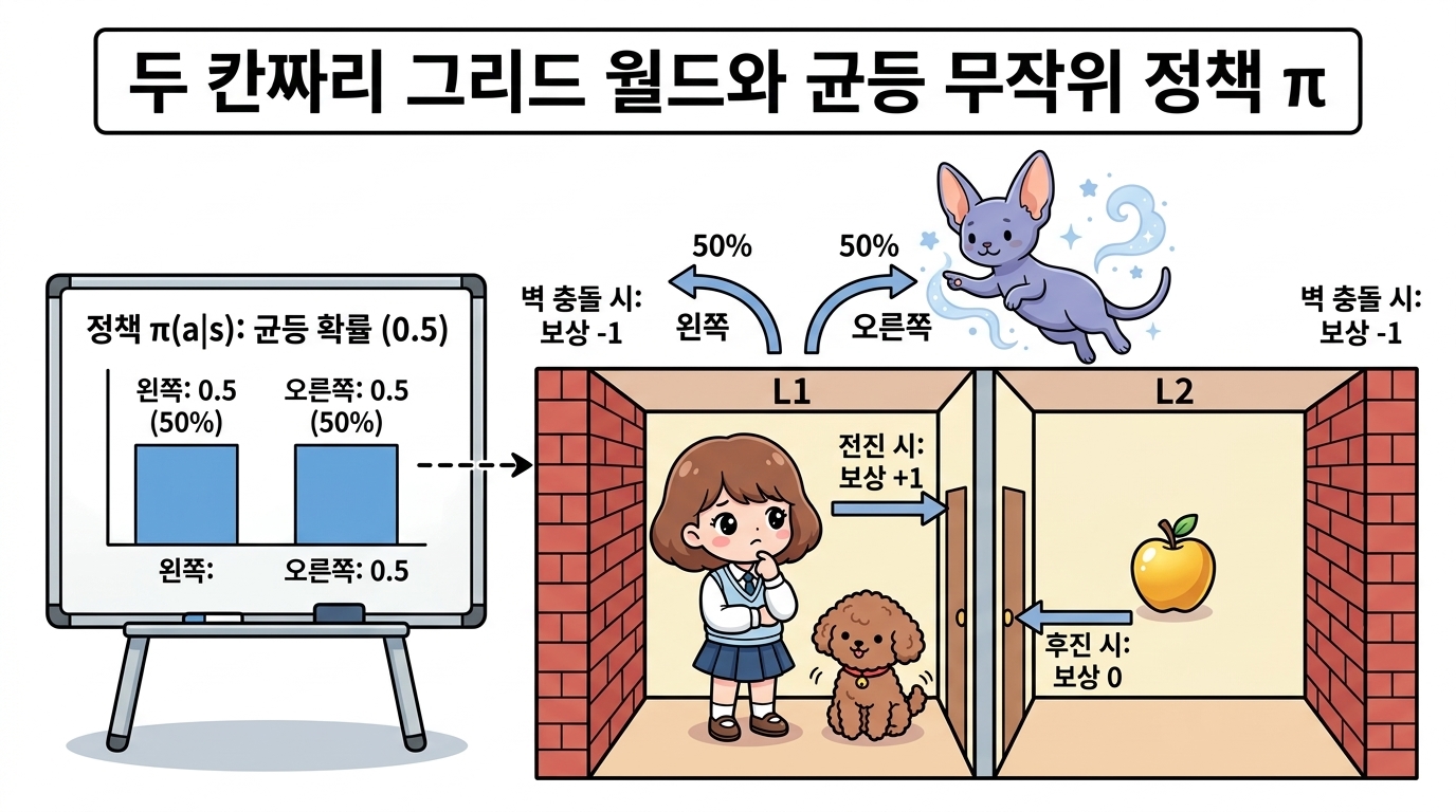 그림 07-2 두 칸짜리 그리드 월드 환경과 균등 무작위 정책 π: 상태 L1에서 전진하면 보상 +1을 받고 벽에 부딪히면 보상 -1을 받으며, 왼쪽과 오른쪽으로 각각 50%(0.5) 확률로 이동하는 정책 π를 설명하는 도로시와 지니, 토토