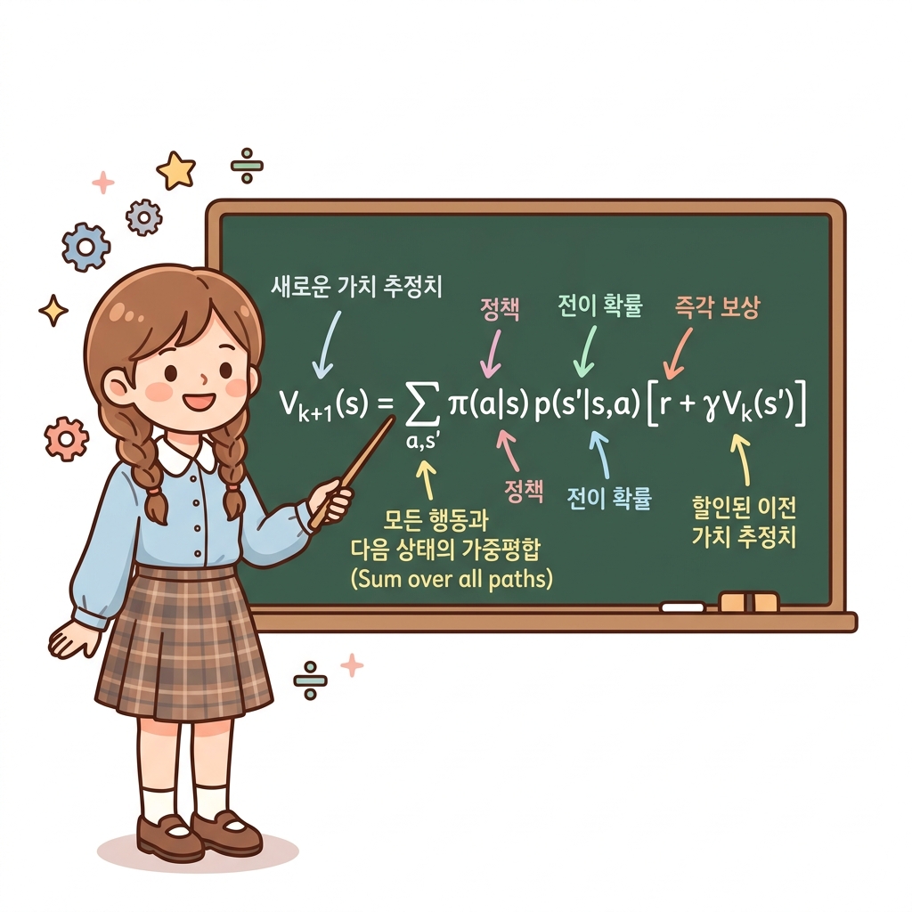 정책 평가용 가치 함수 갱신 공식 분해 해부도: 도로시가 칠판의 V_k+1(s) = Σ π p { r + γV_k } 공식 각 항(새로운 가치 추정치, 가중평합, 정책, 전이 확률, 즉각 보상, 할인된 이전 가치 추정치)의 의미를 지시봉으로 짚으며 친절하게 가르쳐 주는 칠판 판서
