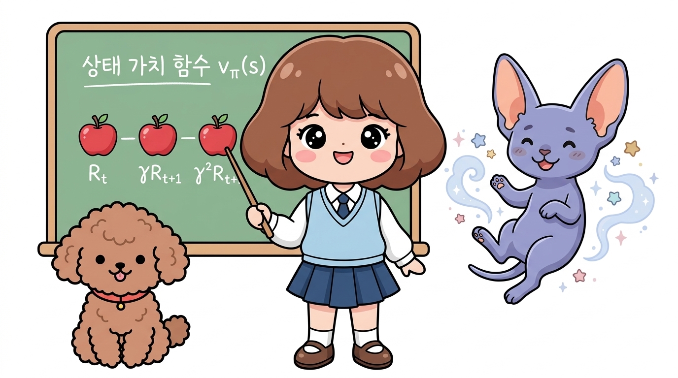 상태 가치 함수의 정의 복습: 현재 상태 s에서 앞으로 얻을 미래 보상들의 할인 총합(R_t + γR_t+1 + ...)을 칠판으로 설명하는 도로시와 지니, 토토