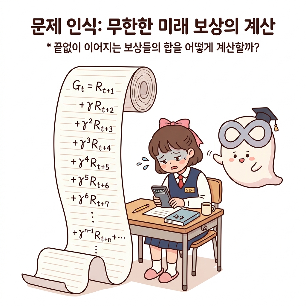 문제 인식(무한한 미래 보상의 계산): 끝없이 이어져 굴러떨어지는 무한한 보상 스크롤 앞에서 수작업 계산기를 든 채 난처해하는 도로시와 유령 모양의 무한대 기호