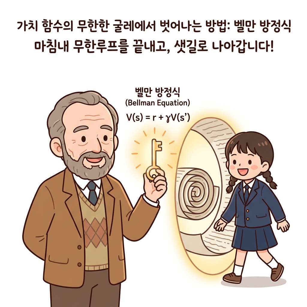 가치 함수의 무한한 굴레에서 벗어나는 방법: 벨만 방정식이라는 마법의 열쇠(V = r + γV)로 포탈 문을 열어 무한루프 스크롤을 압축하고 가뿐하게 우회 돌파하는 도로시와 벨만